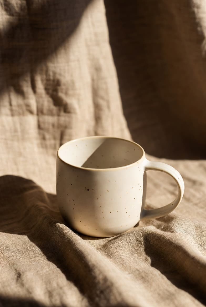 Speckled cream ceramic mug on linen cloth