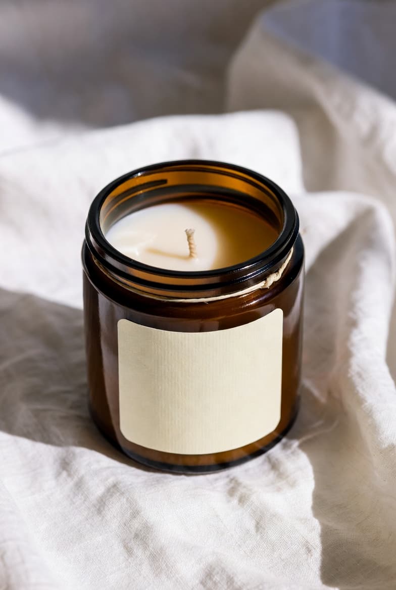 Warm Amber Candle in amber glass jar on white linen